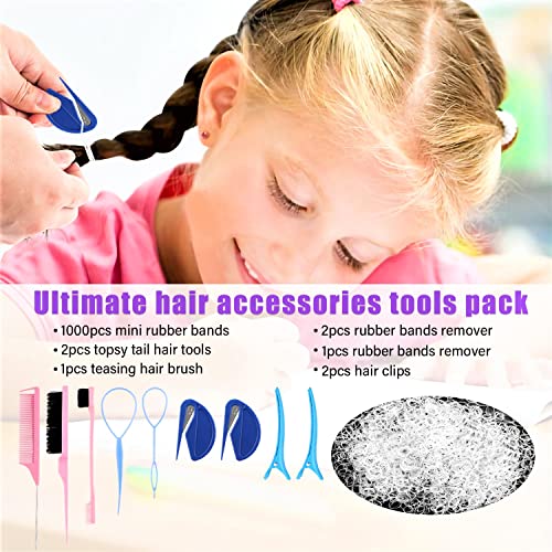 79style 1000pcs Small Rubber Bands for Hair Clear Hair Elastics 2pcs Rubber Hair Bands Elastic Cutter Ponytail Remover.1pcs Teasing Brush,1pcs Hair C
