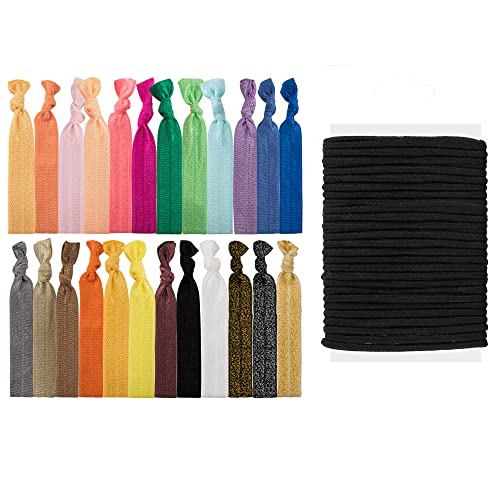 60Pcs Elastic Hair Ties Colorful No Crease Ribbon Hair Tie (Ribbon Hair Ties 20pcs +20Pcs Black Hair Ties )